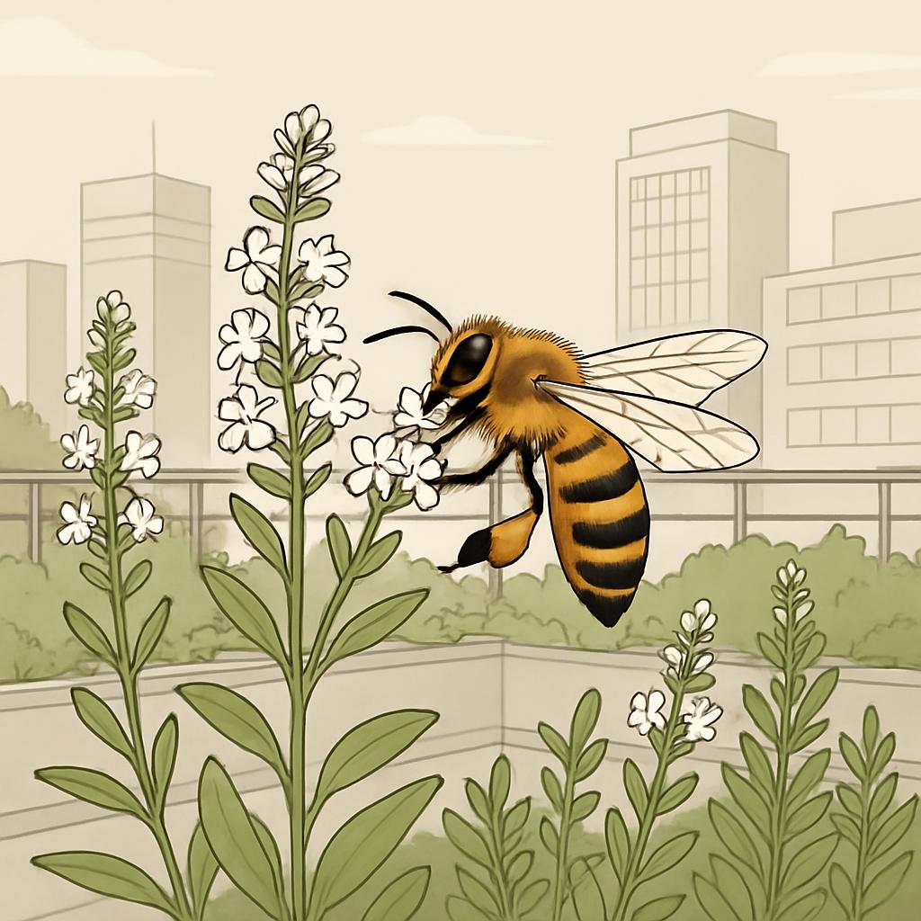 italiano Immagine di un'ape che raccoglie nettare da una piante ruderali. In background un paesaggio urbanizzato. Ci si tr...
