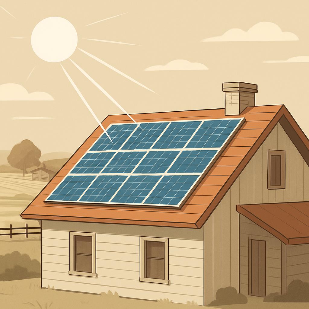 the sun shines on the domestic photovoltaic solar panels.