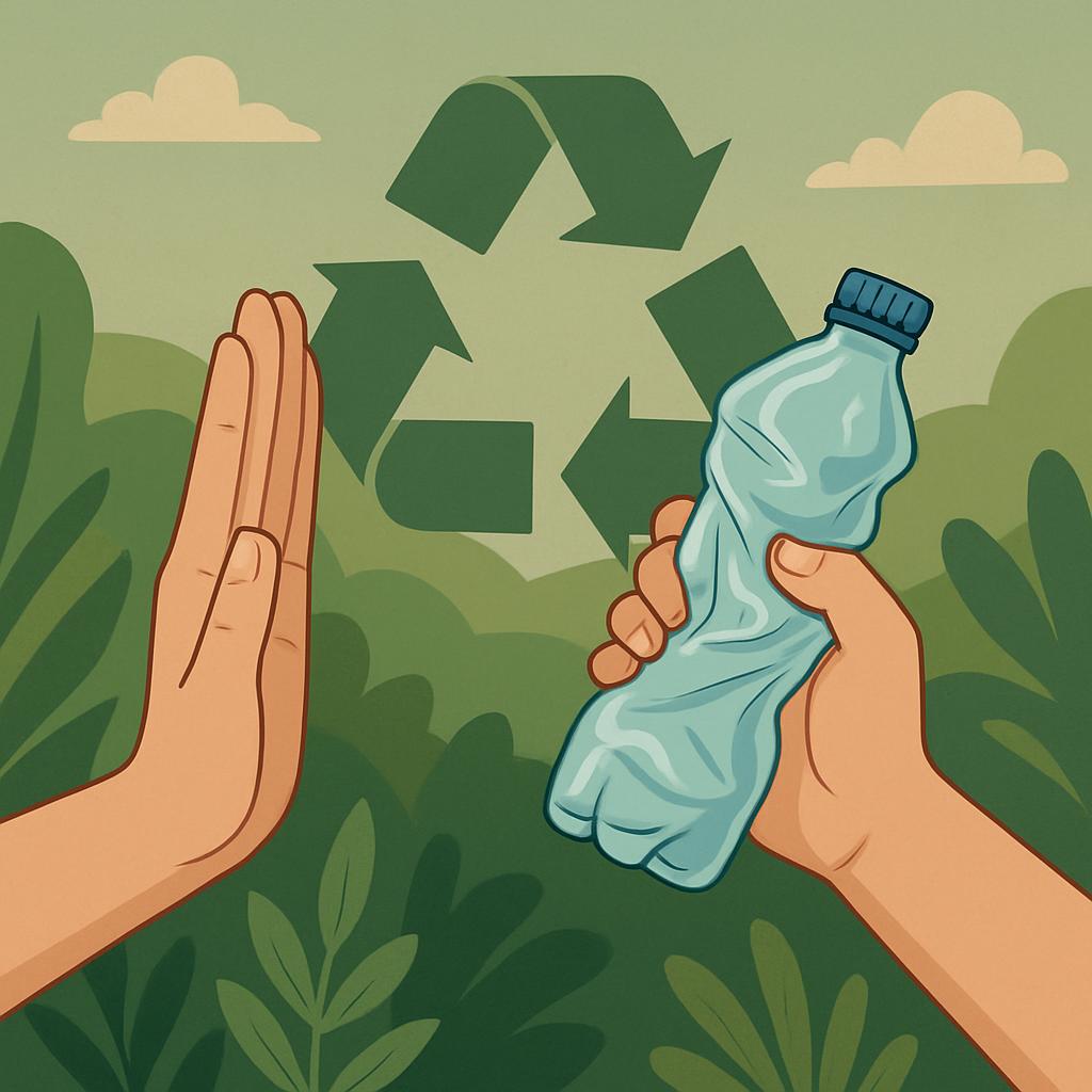 Un uomo ha in mano una bottiglia di plastica, con la palma delle mani protetta da un velo ossidato, dietro le quali puoess...